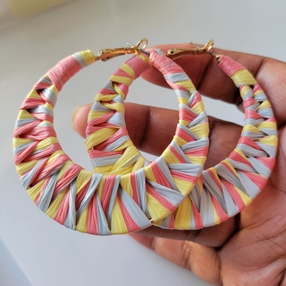 • Colorful Hoop Earrings • Yellow, Salmon & Blue • Pierced